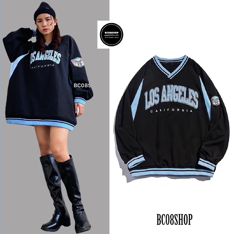Áo Sweater Dài Tay Cổ Tim Dáng Rộng Chất vải Nỉ Phong Cách Ulzzang (Thêu LOS ANGELES)