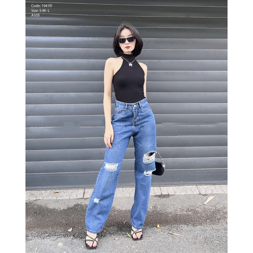 Quần Jeans Nữ Ống Suông Lưng Cao Tôn Dáng Rách Gối Cạp Cao Chất Liệu Mềm Mại Cao cấp ms 2022