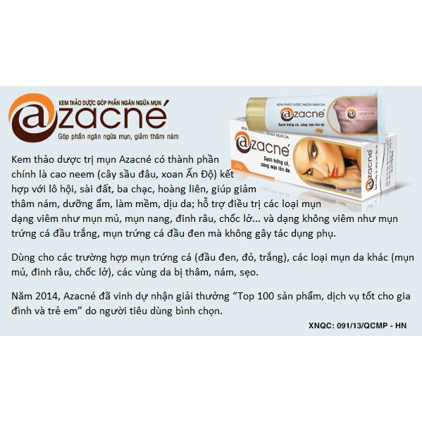 Azacne - Kem Hỗ trợ Ngừa Mụn, Giảm Thâm Mụn, Mờ Thâm Nám, Mờ Sẹo Thâm, Dưỡng Ẩm, Sáng Mịn Da (Tuýp 25g) [Chính Hãng]