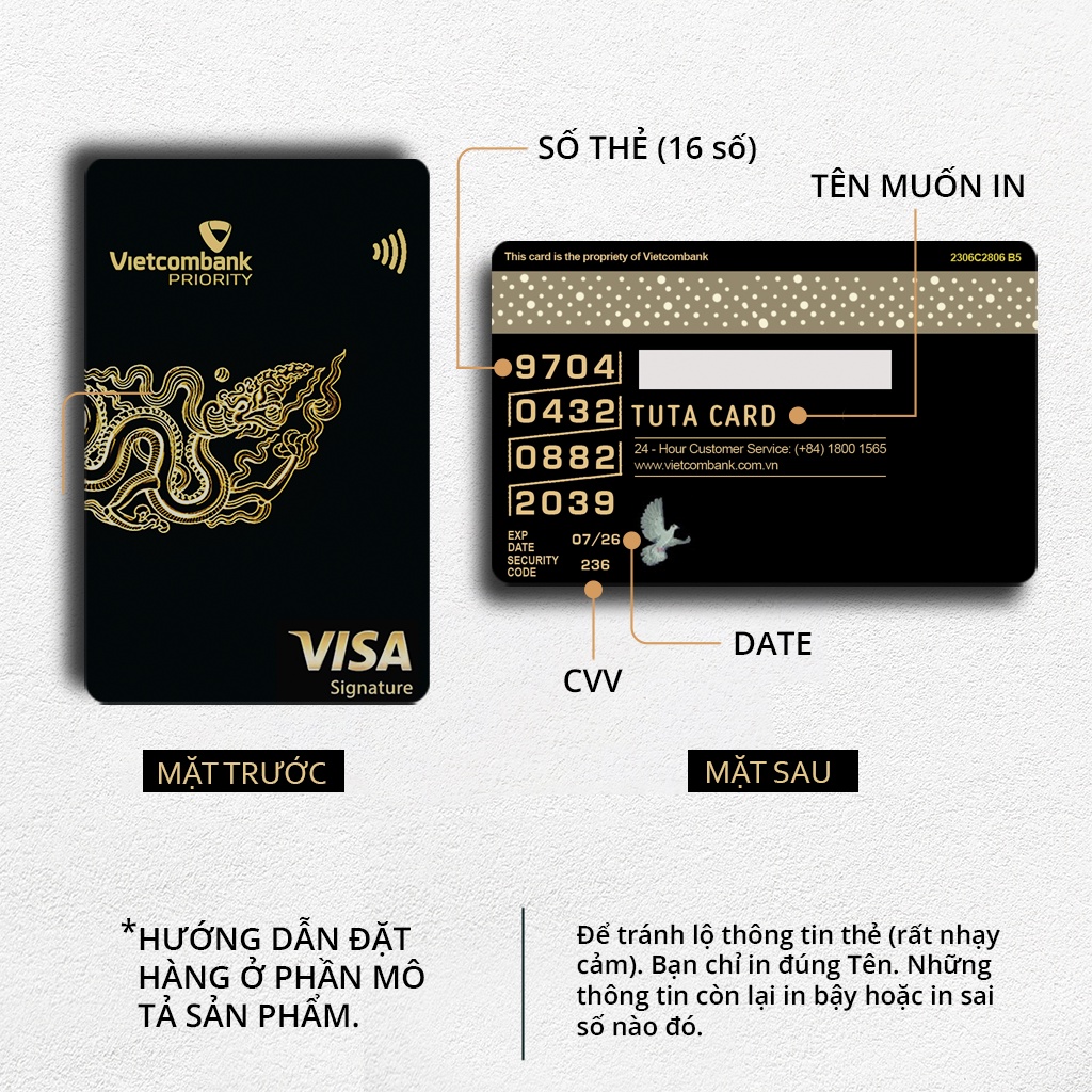Miếng dán thẻ đen, skin, sticker thẻ ATM, ngân hàng, CÓ IN TÊN VÀ THÔNG TIN THẺ  | TUTA CARD