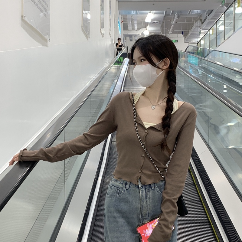 Áo thun NZN dài tay cổ treo giả hai lớp phong cách Hàn Quốc thời trang cho nữ