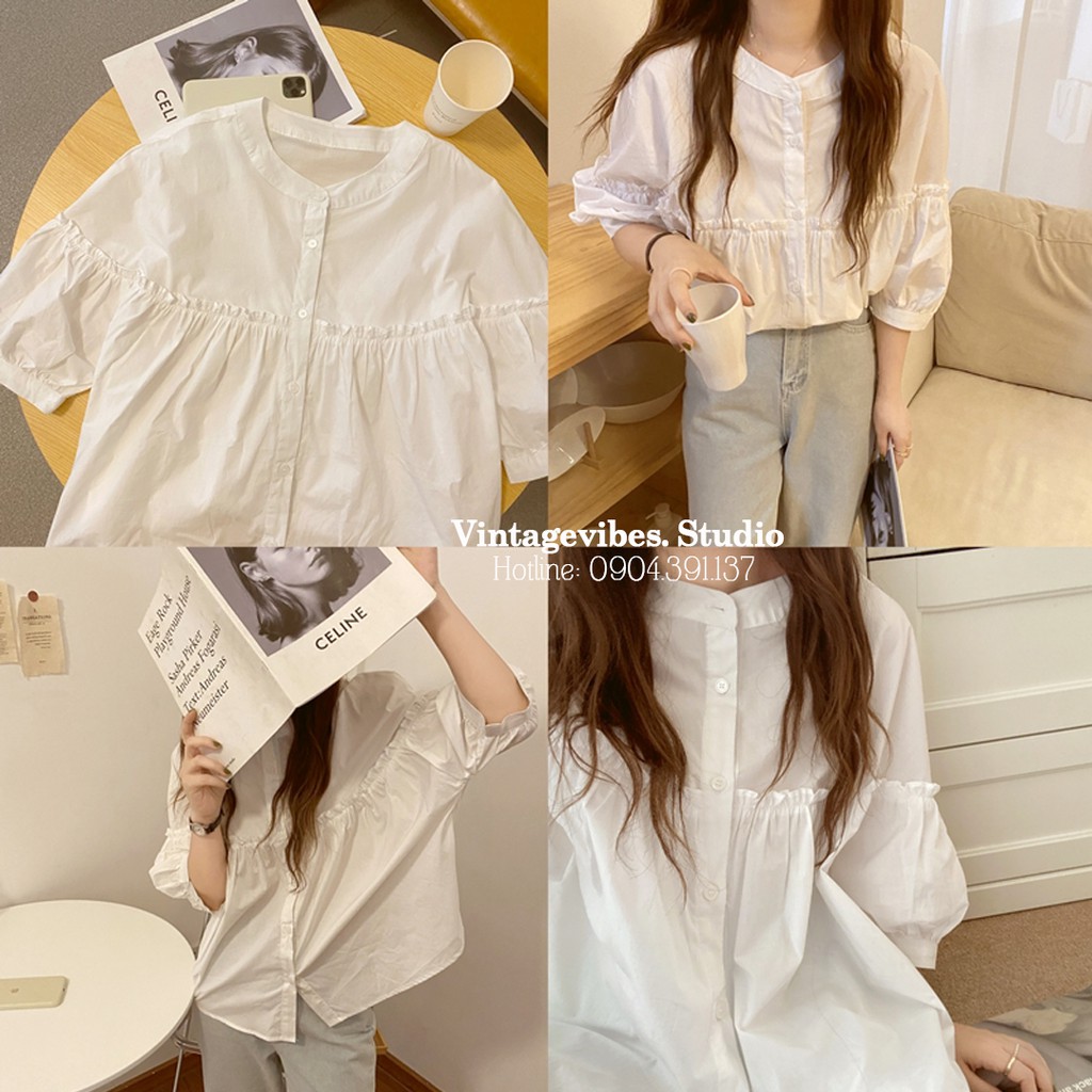Áo babydoll cổ tròn phối bèo thanh lịch (hàng QC) - Ảnh thật