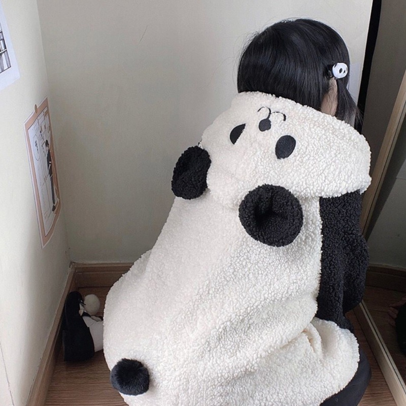 Áo Khoác Hoodie Giả Lông Cừu Tay Dài Đính Nút Họa Tiết Gấu Trúc Hoạt Hình Harajuku Thời Trang Mùa Đông Cho Nữ
