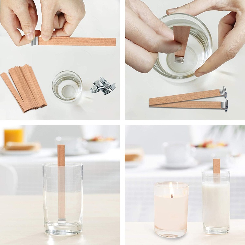 Bộ 50 bấc nến bằng gỗ kèm kẹp giữ bằng kim loại làm nến thủ công cỡ 5.1 X 0.5inch