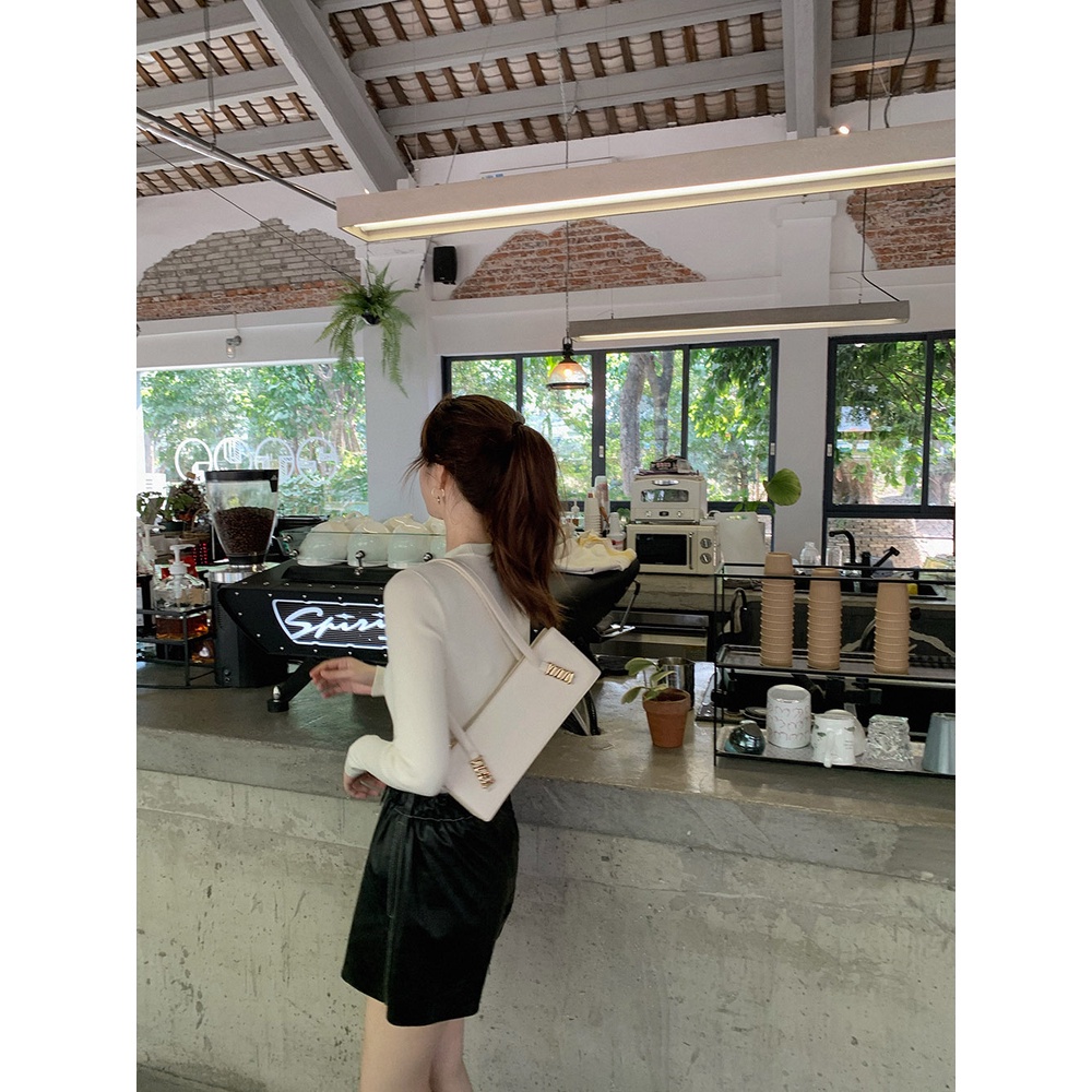 QKOOLE  Áo len tay dài màu đen dáng ôm phong cách Hàn Quốc thời trang cho nữ