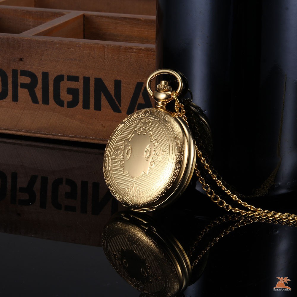 #Đồng hồ bỏ túi# 1pc Men Women Quartz Pocket Watch Golden Shield Pattern Carved Case with Chain