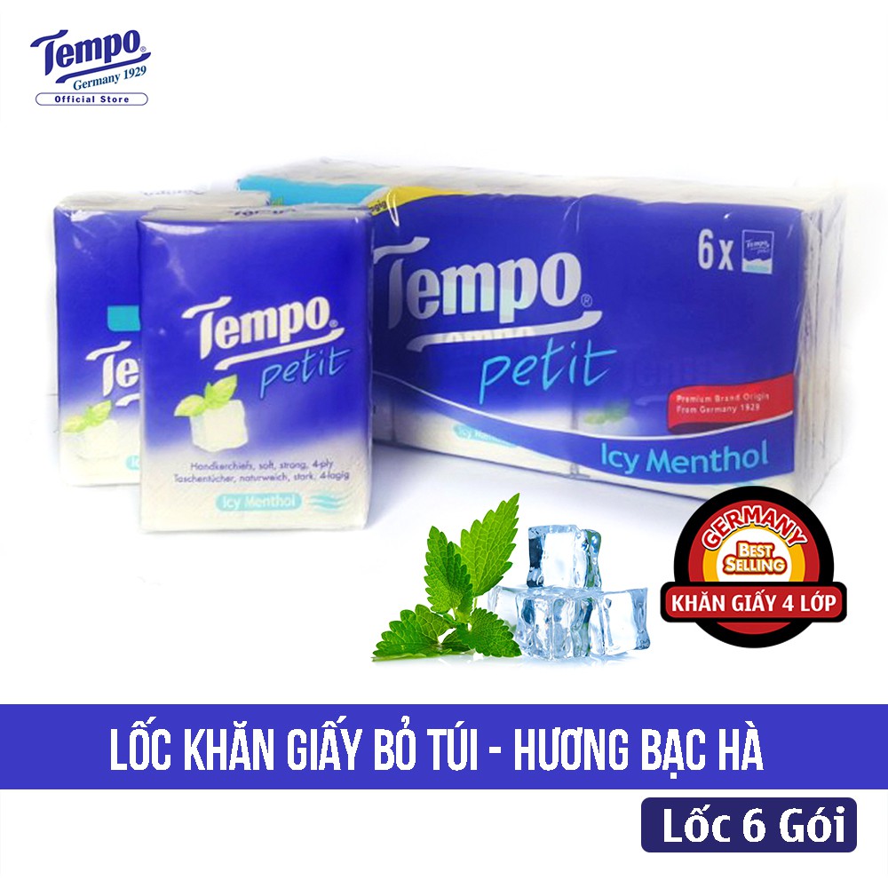 Lốc 6 Gói Khăn Giấy Bỏ Túi Cao Cấp Tempo Loại Nhỏ Hương Bạc Hà Thơm Mát Bền Dai 4 Lớp, An Toàn Cho Da - Thương Hiệu Đức