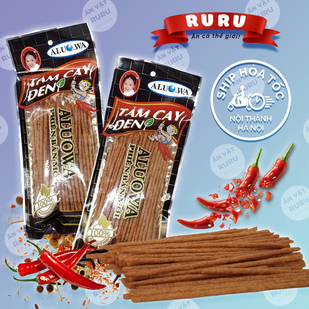 Tăm cay đen Aluowa,ăn vặt Ruru, que cay đen tuổi thơ bán ngay cổng trường học