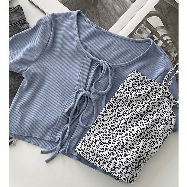 NUZIRO  Áo croptop hai dây + áo khoác cardigan ngắn tay thời trang Hàn Quốc 2021 cho nữ