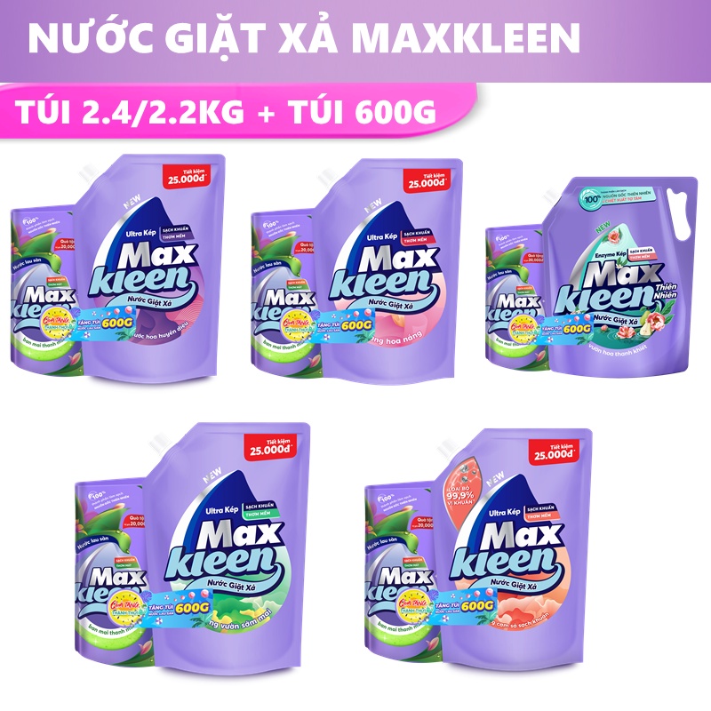 Combo Túi nước giặt xả MaxKleen 2.4kg/2.2kg + Túi nước lau sàn MaxKleen 600g ban mai thanh mát, vườn hoa thanh khiết