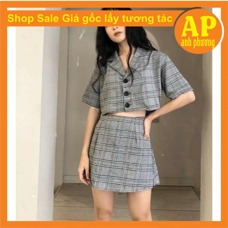 Sét váy kẻ vest có ảnh thật sp🍄Áo crt kẻ có cúc mix chân váy kẻ 2 lớp🍄bên trong có quần