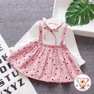 Nhập mã kid0312 giảm 15% - váy dài tay yếm hồng cổ bèo cho bé gái