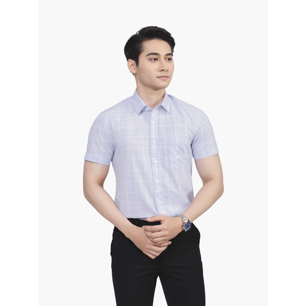 Áo sơ mi nam ngắn tay ARISTINO phom Perfect fit, họa tiết trắng kẻ xanh trẻ trung, thu hút - ASS202S1
