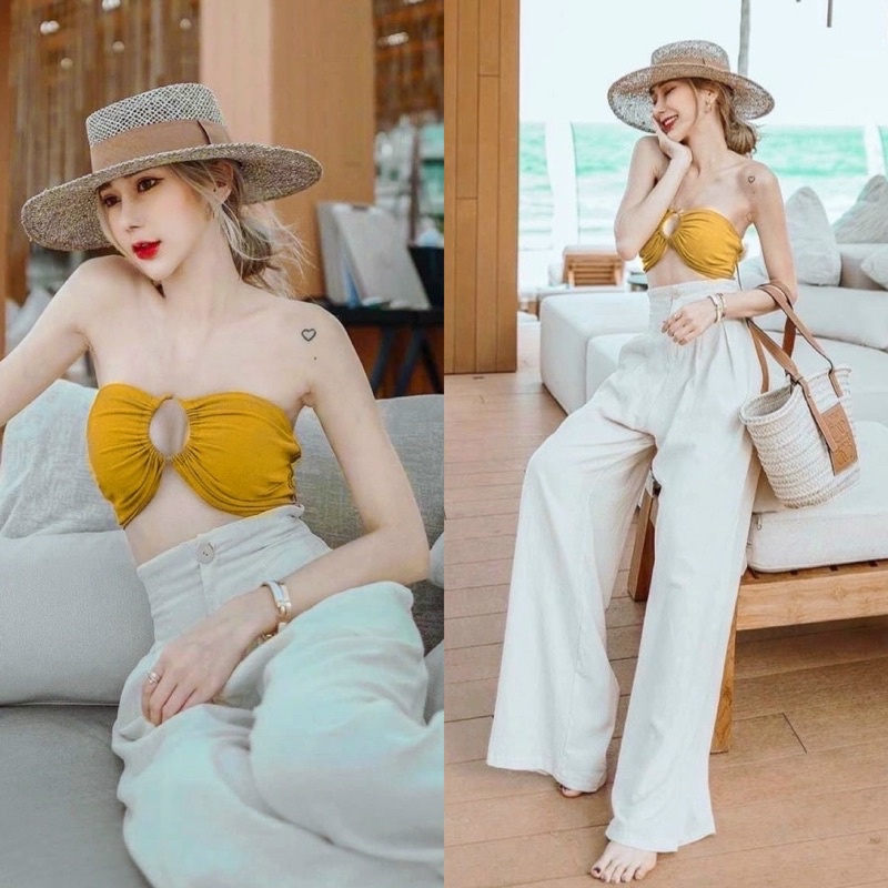 Set áo vàng croptop ngắn cúp ngực có mút kèm quần suông trắng dài, thời trang đi chơi/biển du lịch quyến rũ sang trọng