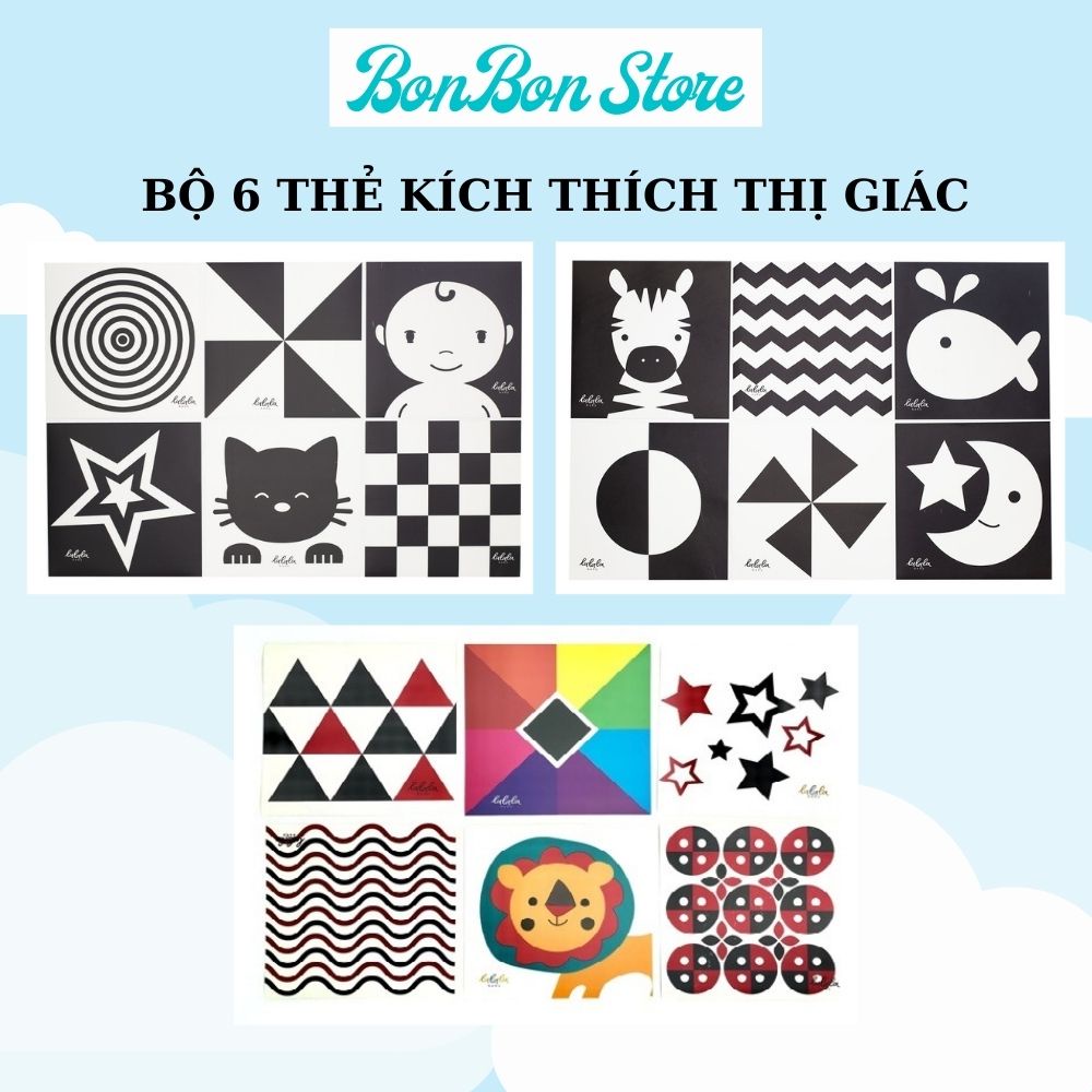 Bộ 6 thẻ dán tường KÍCH THÍCH THỊ GIÁC giúp bé sơ sinh phát triển toàn diện size 18x18cm, dán tường