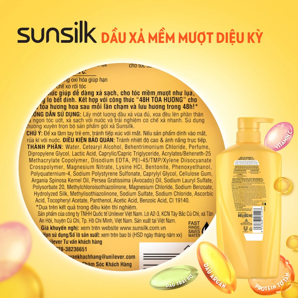 Dầu xả Sunsilk 640g với tinh dầu Trái Bơ và dầu Argan cho mái tóc không xơ rối và bết dính