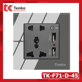 Ổ Cắm Đôi 3 Chấu Tích Hợp cổng USB + Nút Nguồn Điện mặt kính cường lực Tenko TK-F71-D-45 Màu Xám