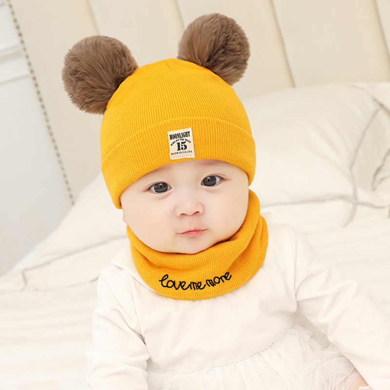 Set Mũ Len Trùm Đầu &amp; Khăn Choàng Cổ Đính Bóng Lông Ấm Áp Cho Bé