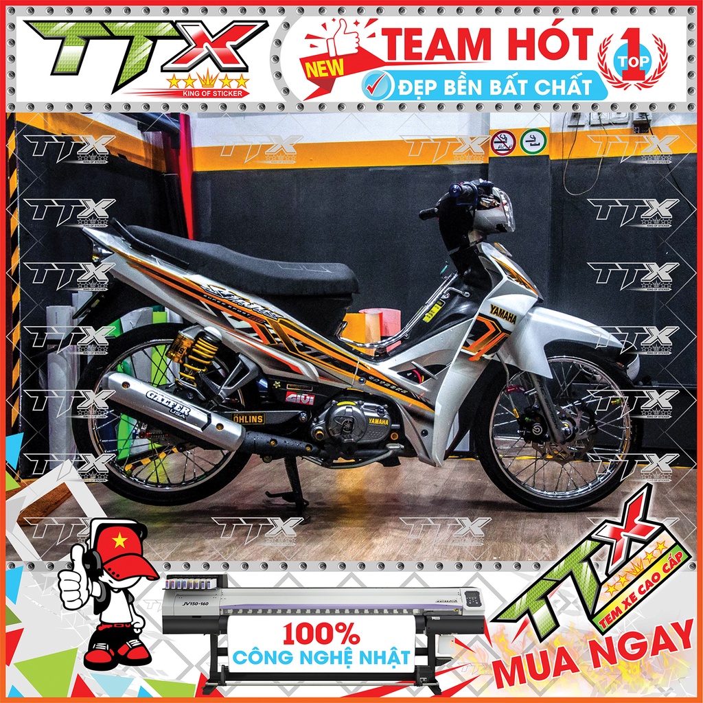 Tem rời sirius nốt nhạc , Team chế sirius dán xe màu xám bạc nền đen cam tuyệt đẹp , Shop TTX Tem xe sirius mã (S0003/00