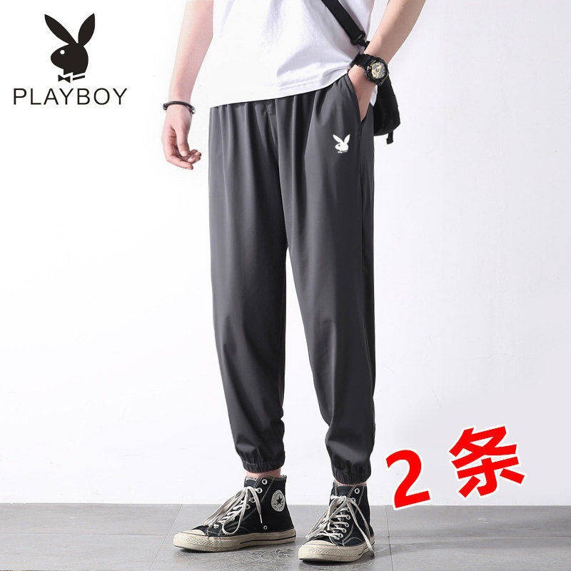 Playboy mùa hè mỏng băng lụa đàn hồi giản dị dài quần thể thao nam rộng rãi quần bó chân Size Lớn