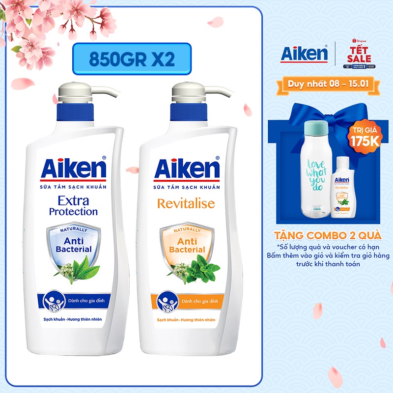 [8/1 SĂN VOUCHER 100K] Combo 2 sữa tắm sạch khuẩn Aiken 850g chiết xuất bạc hà và trà xanh thiên nhiên