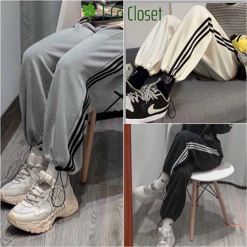 Quần Jogger 3 Sọc Rút Ống Unisex, Quần Bom Có Nút Điều Chỉnh 3 Màu