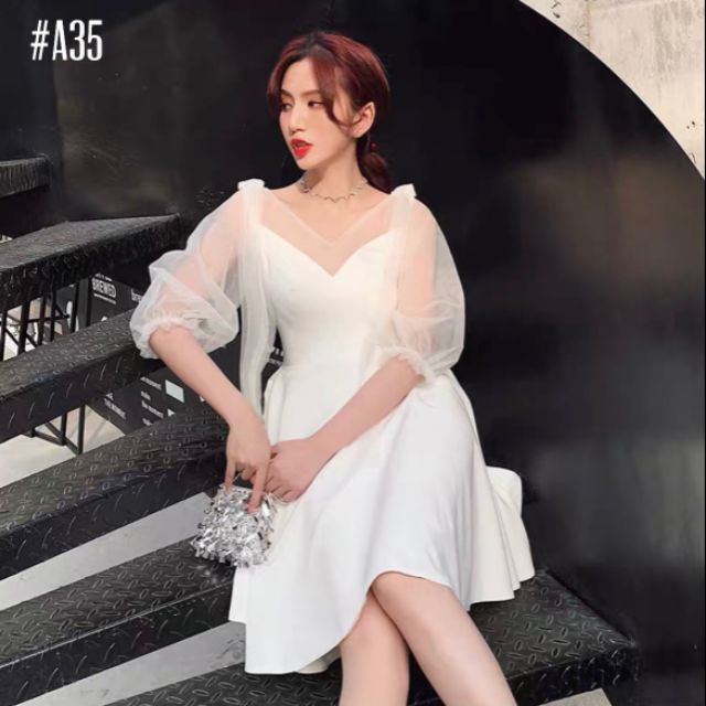 Đầm dự tiệc tay lưới cột nơ vai