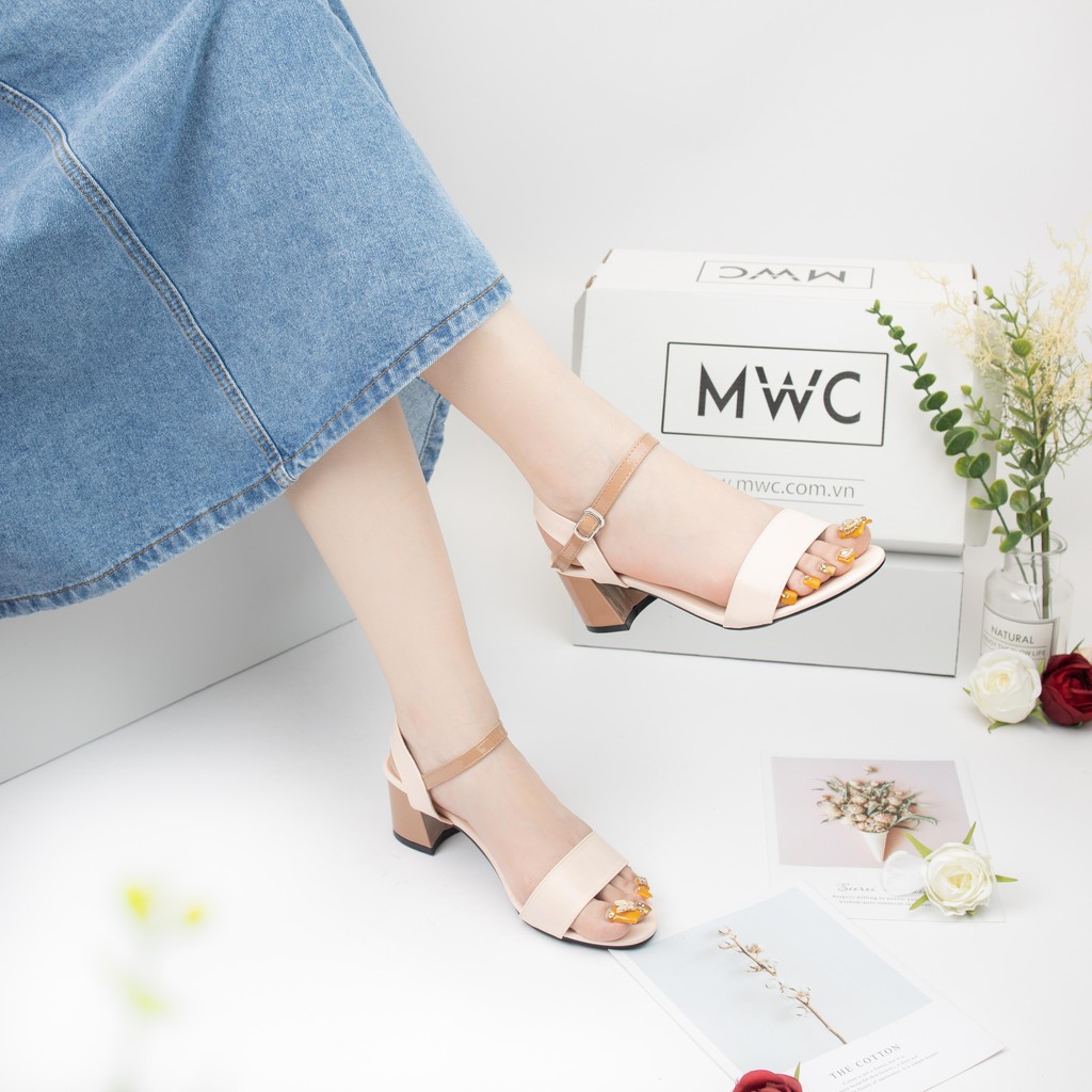 Giày Sandal Cao Gót MWC Đế Vuông 5CM Hở Mũi Quai Ngang Màu Xanh Nâu Sang Trọng NUCG-3920