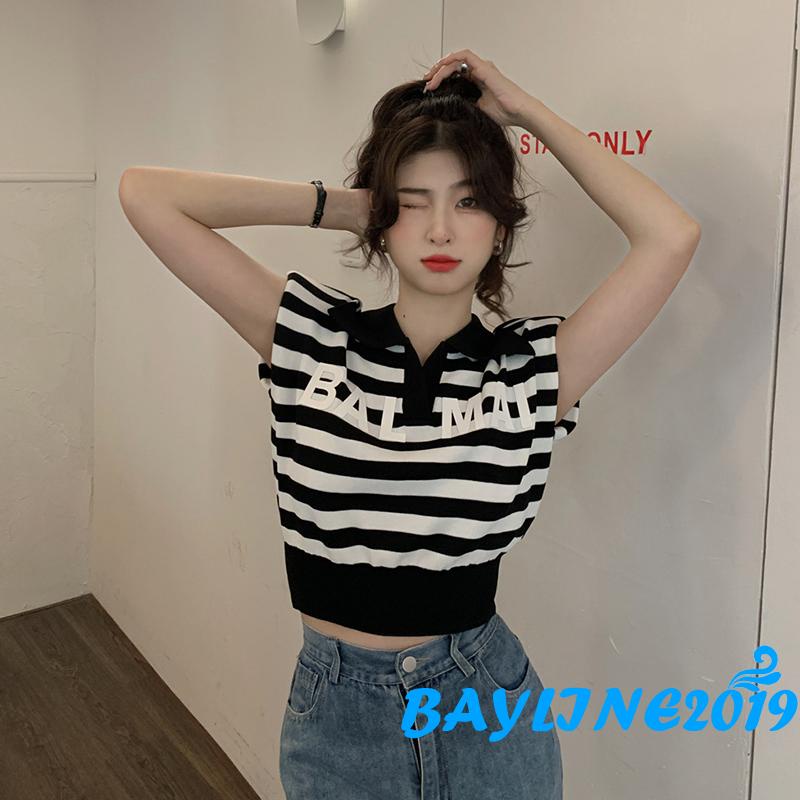 Áo Thun Dệt Kim Họa Tiết Sọc Ngang Màu Sắc Tương Phản Có Cổ Tay Áo In Chữ Cho Nữ