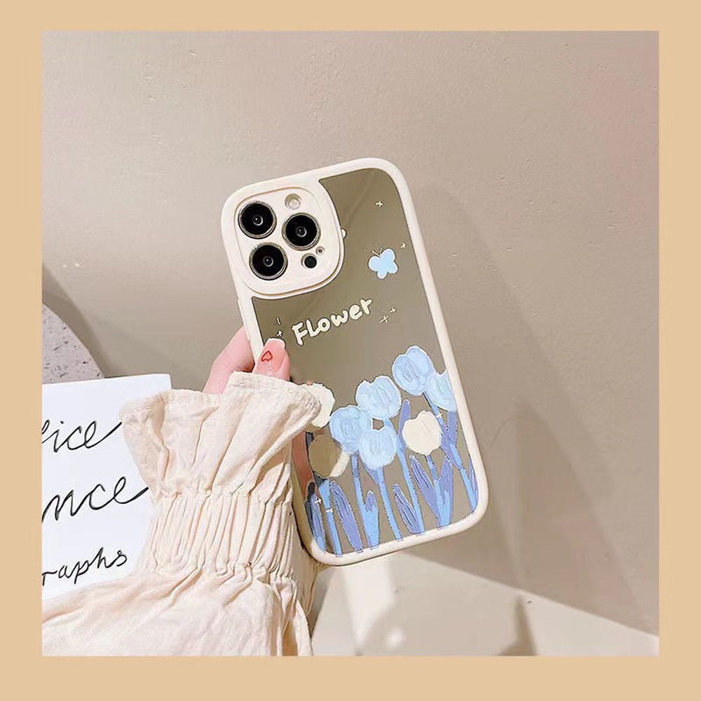Ốp Điện Thoại TPU Dẻo Gắn Gương Trang Điểm Hình Hoa Tulip Cho IPhone 11 13 12 Pro Max 8 7 Plus X