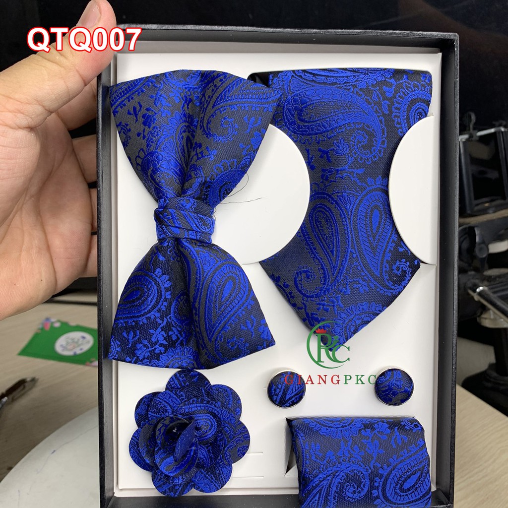 Set cà vạt họa tiết + măng séc + khăn cài áo sang trọng + nơ  họa tiết gấm nổi  Giangpkc qtp007