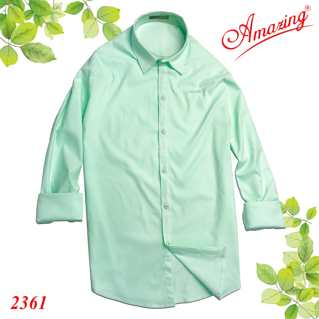 Áo sơ mi  nam kiểu Hàn, màu xanh rêu lính, vải co giãn 4 chiều, form dáng ôm gọn, thương hiệu Amazing