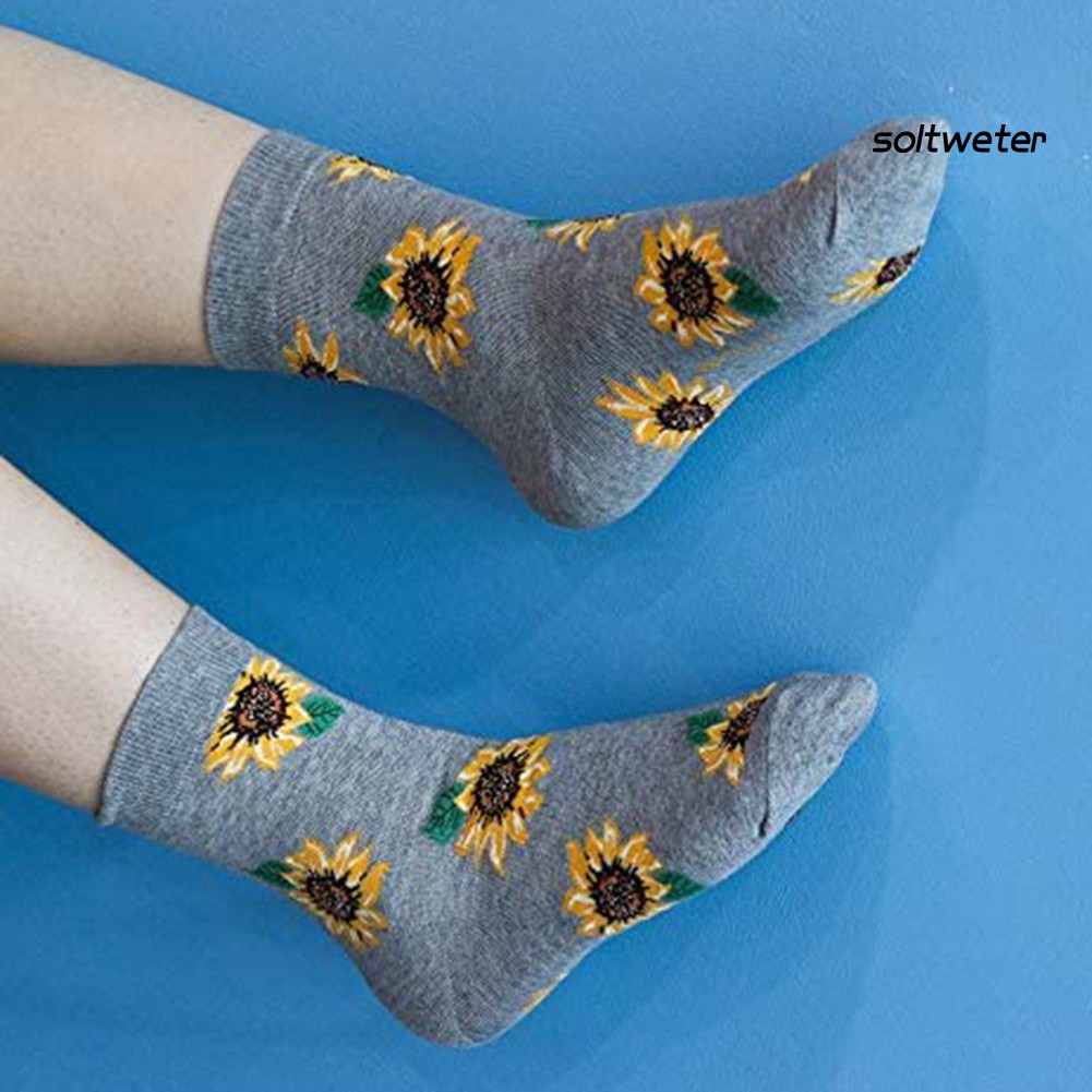 Vớ Cotton Cổ Cao Co Giãn Thoáng Khí Họa Tiết Hoa Hướng Dương Cho Nữ
