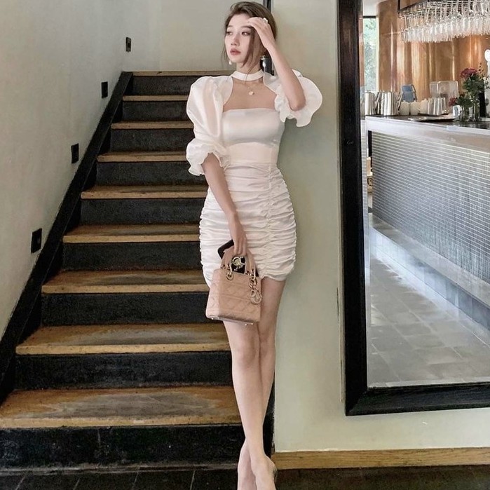 Đầm dự tiệc ôm body nhún tay phồng chất phi thun sang chảnh | BigBuy360 - bigbuy360.vn