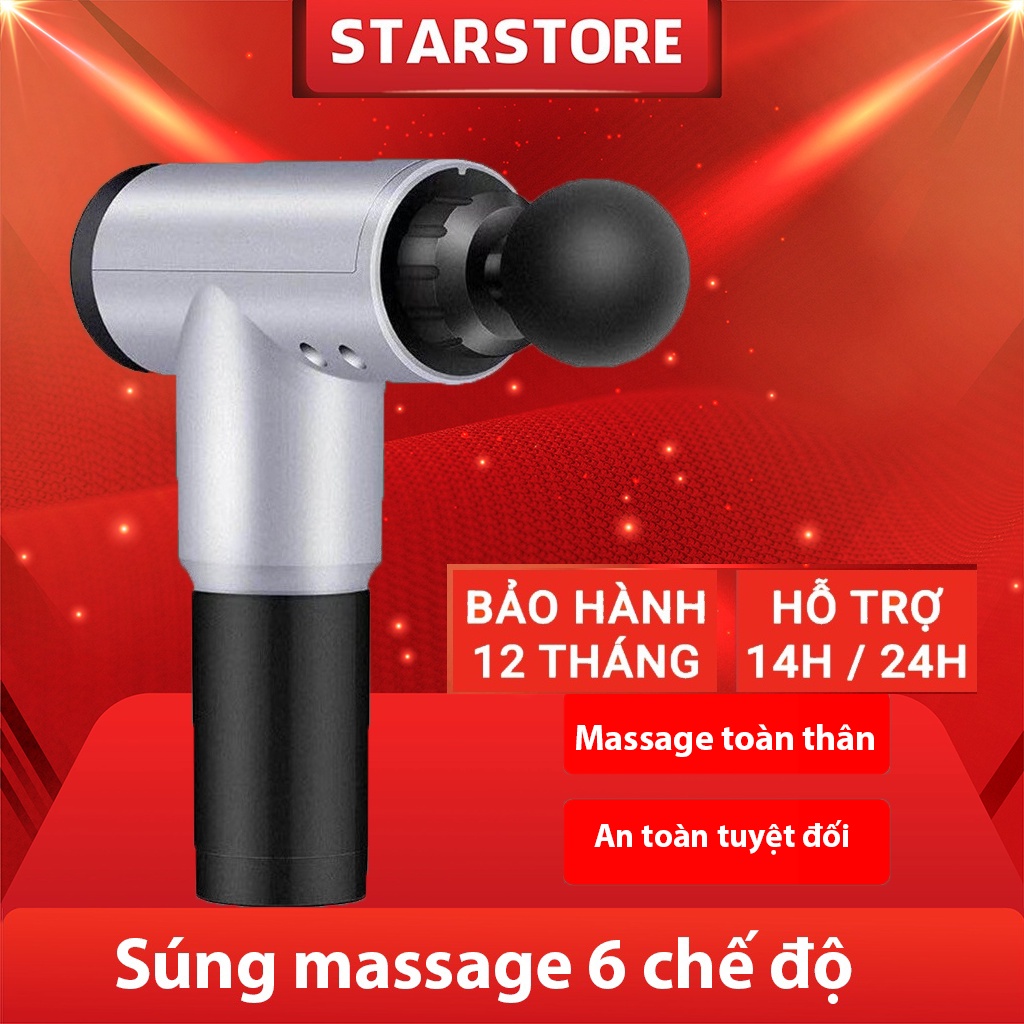 Súng massage cầm tay GUN 4 đầu 6 chế độ trị liệu đau mỏi vai gáy,đau giãn cơ - bảo hành 6 tháng