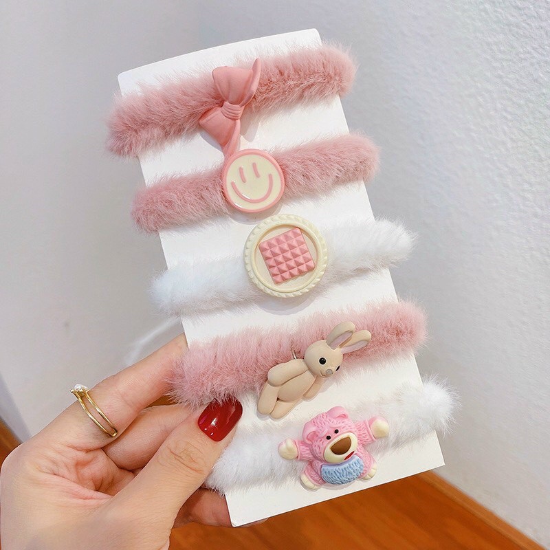 Vĩ 5 Dây Cột Tóc Nhung Lông Họa Tiết Hoạt Hình Phong Cách Hàn Quốc Xinh Xắn