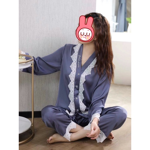 Bộ đồ ngủ kimono chất vải lụa QCCC, tay dài quần dài phối ren đẹp,chất đẹp mềm mịn.B796