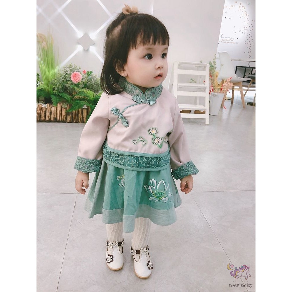 Đầm Nhung Phối Ren Phong Cách Trung Hoa Xinh Xắn Cho Bé Gái