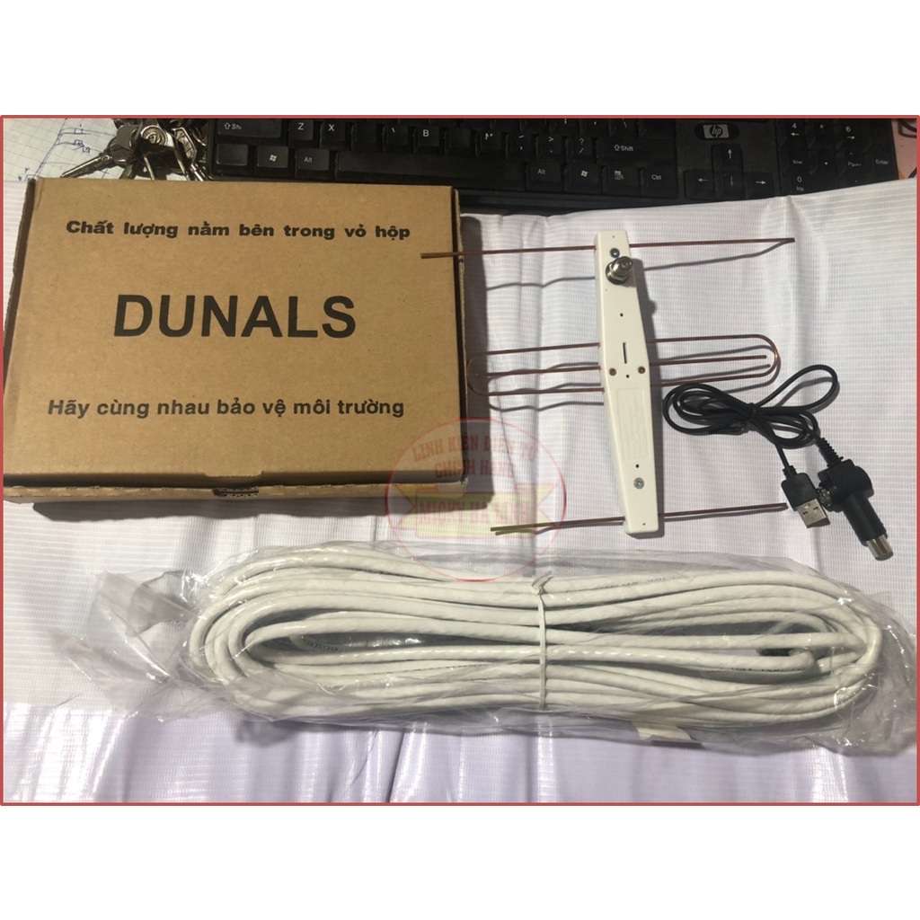 Ăng ten Có khuếch đại Dunal + Dây 5V Kích sóng và Dây Cáp ăng ten 10M/15M dùng cho tivi tíchhợp DVB-T2