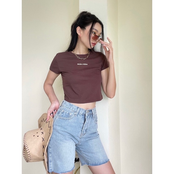 Áo croptop thun cộc tay thêu logo crop top ngắn tay dáng suôn Mia Ritta Baby Tee A2089 Ảnh thật