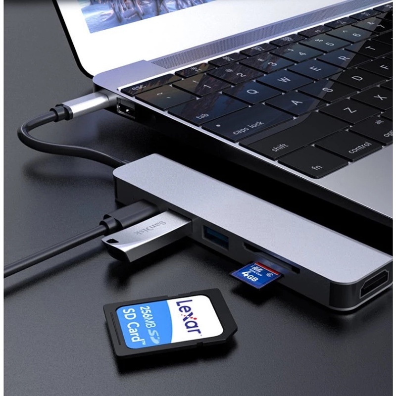 Cáp chuyển đổi Type c 6in1 sang HDMI 4K, 2xUSB 3.0, SD, TF, USB C vỏ nhôm cao cấp