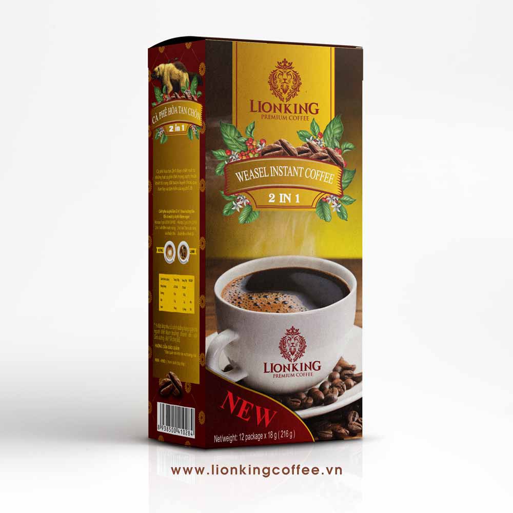 Cafe Hoà Tan LionKing 2in1 216gr ( 12 gói * 18g ) Ngon như pha phin Đậm vị 100% cà phê sạch chọn lọc