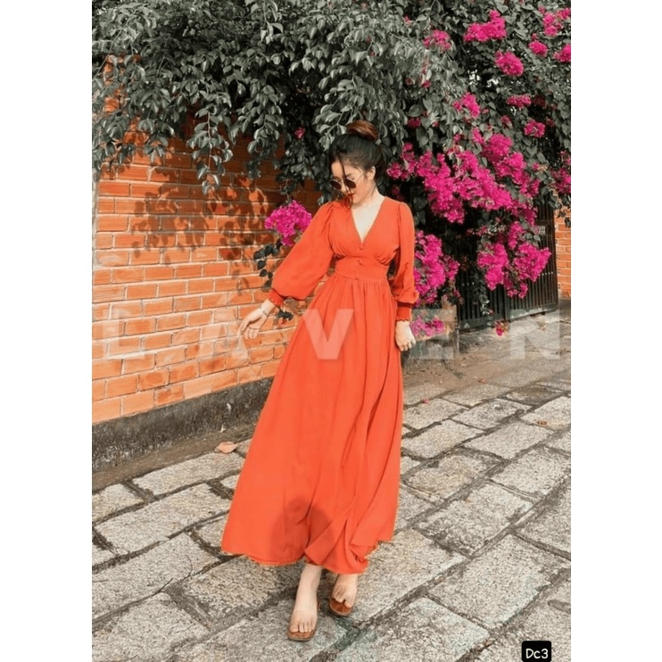 (Free Ship) Đầm Lụa Cổ Y Thắt Eo Bo Tay Đẹp Tựa Tiên Nữ UP Valetina Shop