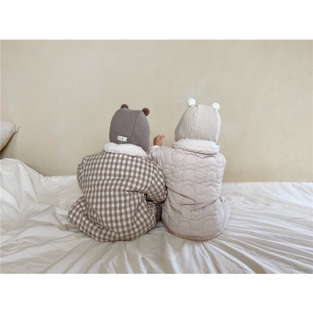 Áo Khoác cotton Lót Nhung Giữ Ấm Họa Tiết Caro Dễ Thương Thời Trang Mùa Đông Cho Bé