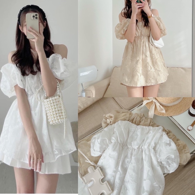 Áo trễ vai hoa nổi voan (trắng, be)