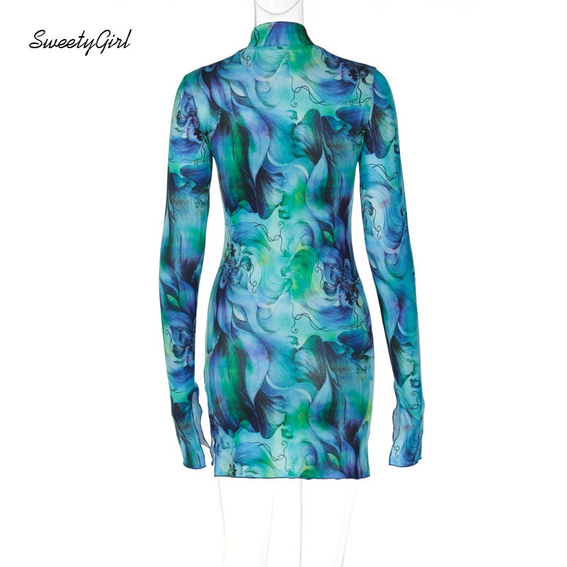 Đầm Mini Tay Dài Cổ Cao Ôm Eo Họa Tiết Màu Nhuộm Thời Trang 2022 Cho Nữ