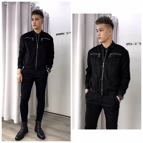 Áo bomber da lộn màu Đen