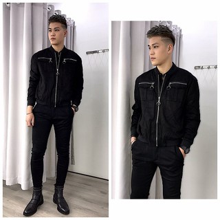 Áo bomber da lộn màu Đen