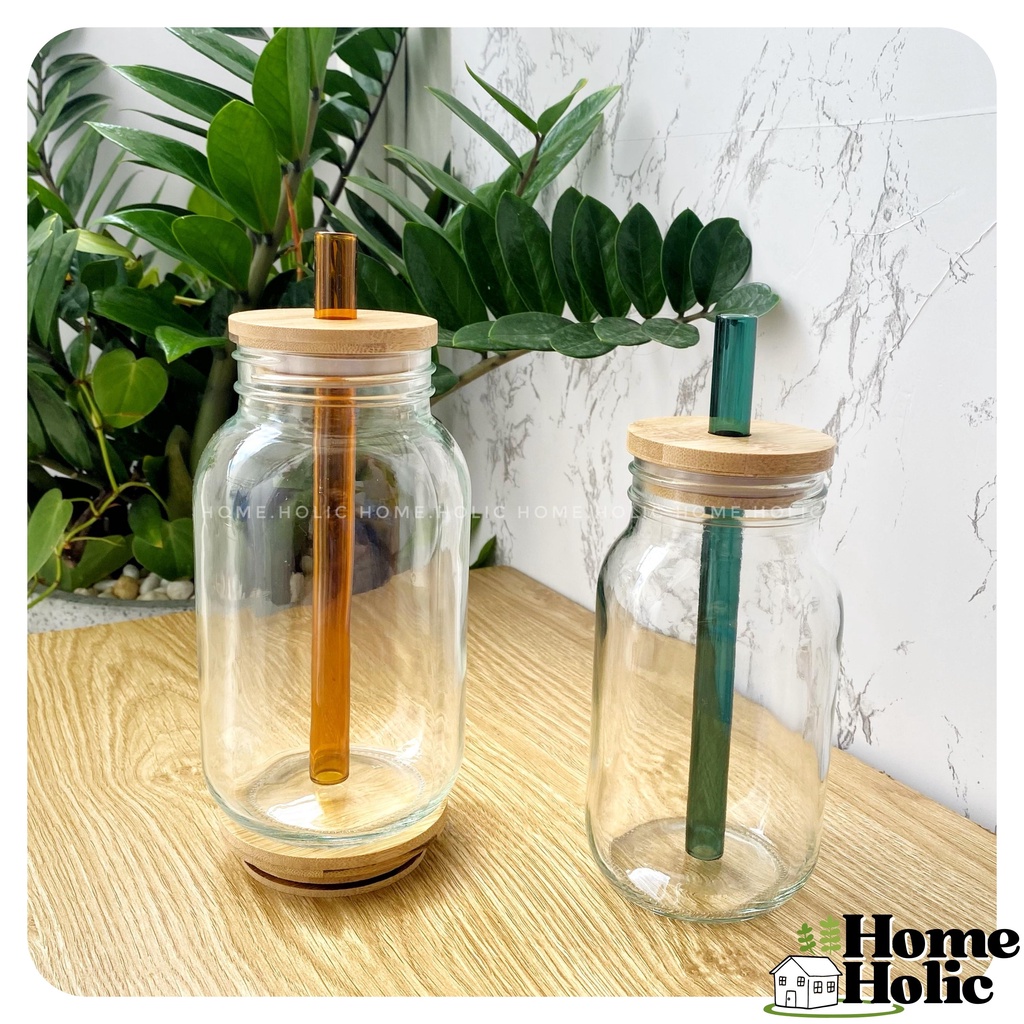Bình Trà Sữa Thuỷ Tinh Nắp Gỗ Tre Có Ống Hút trân Châu Borosilicate 1000ml Homeholic