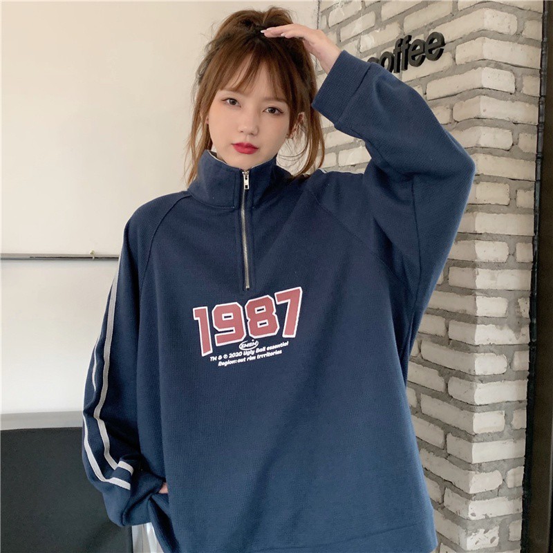bán như tôm tươi✤℗Áo Sweater Cổ Cao Phối Khóa Kéo In Họa Tiết Mới Cho Nữ